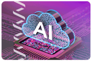 imagery of a cloud with "AI" written in the middle, sitting atop a computer chip with Vvonage design elements, in a purple/pink color scheme