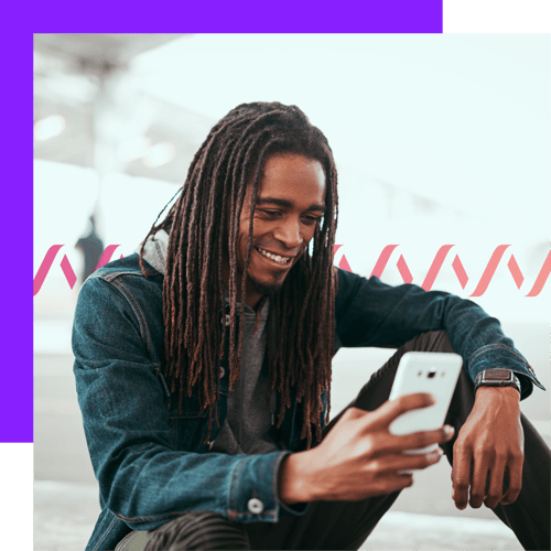 Photoillustration of a man holding a cell phone in his hand and smiling at the screen