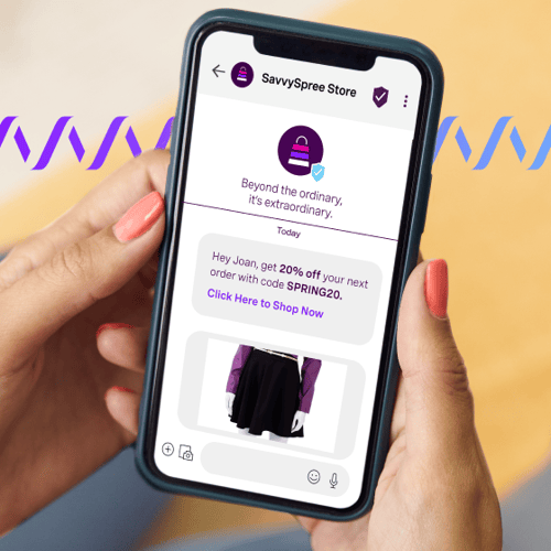 Photo of a hand holding a cellphone. On the screen can be seen a WhatsApp business text to a customer, with company name, logo, pictures, and an offer.