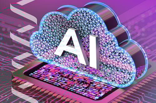 image of cloud with "AI" int he center, on top of a computer chip with a pink/purple color style and Vonage brand elements on the side