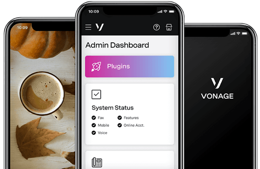 Communicate your way Photo of mobile devices displaying a autumn scene a Vonage product screen & logo