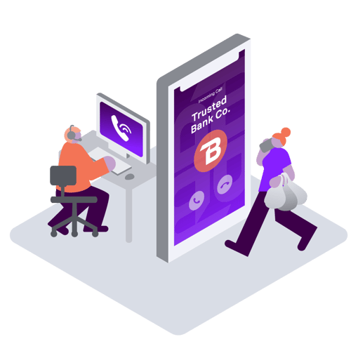 customer and the agent both connected through a branded incoming call from Trusted Bank Co.