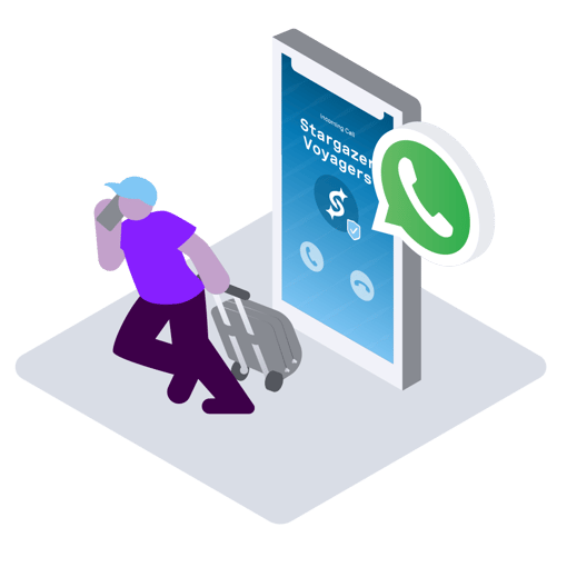 Receiving a WhatsApp business call from Stargazer Voyagers with WhatsApp logo.