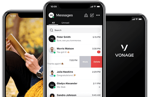Communicate your way Photo of mobile devices displaying a summer scene a Vonage product screen & logo