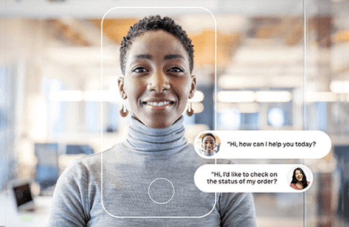 Montage of woman in an office setting with mobile communication elements