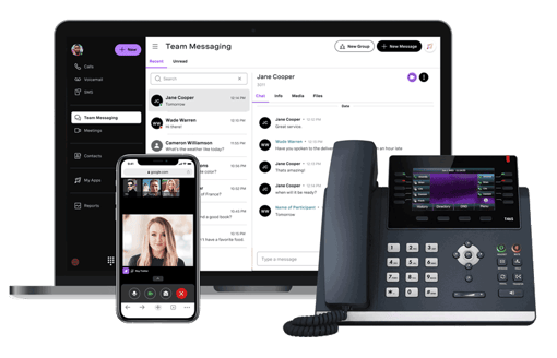 Laptop mobile and desktop phones showing VBC service