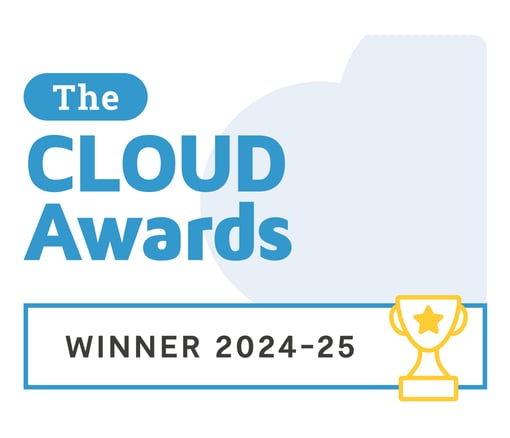 Image of The Cloud Awards logo with a blue cloud and Winner 2024-25 with a yellow trophy illustration