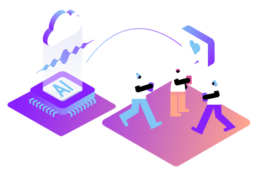 AI for CX Header Image Illustration showing a group of happy customers with their cell phones. Beside them is a cloud and an icon labeled AI, representing AI and customer experience.
