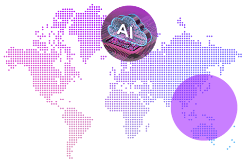 APAC AI map This image shows a world map with dots in various shades of pink and purple with the APAC region highlighted with a purple circle; at the center of the mapthere is another circle with a cloud that says AI on it