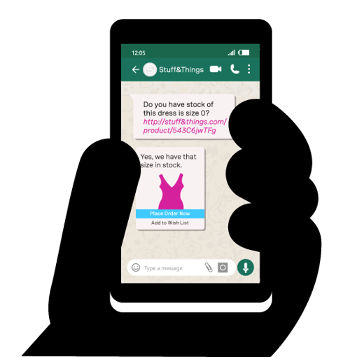 Conversational Commerce WhatsApp thumbnail Illustration of a mobile phone with a WhatsApp conversation on it between a business and a customer asking about stock of a clothing item