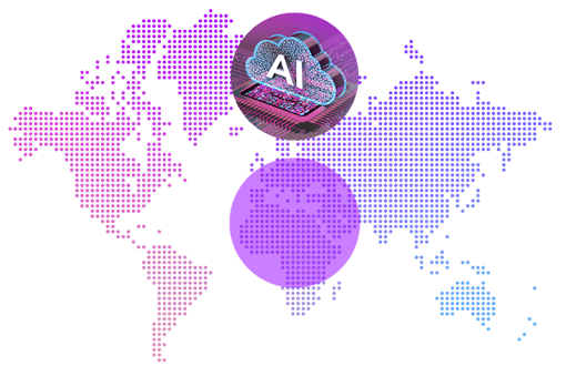 EMEA AI map This image shows a world map with dots in various shades of pink and purple with the EMEA region highlighted with a purple circle. At the center of the map, there is another circle with a cloud that says AI on it.