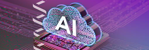 GCER AI image 2024 Purple imagery with futuristic background, showing a cloud with "AI" written in it on top of a computer chip