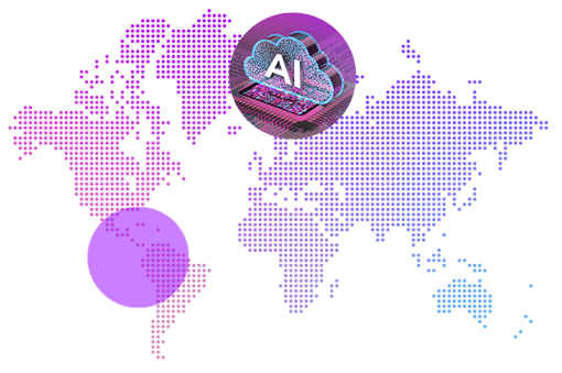 LATAM AI map This image shows a world map with dots in various shades of pink and purple with the Latin America region highlighted with a purple circle. At the center of the map, there is another circle with a cloud that says AI on it.