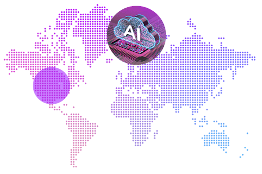 This image shows a world map with dots in various shades of pink and purple with the North American region highlighted with a purple circle. At the center of the map, there is another circle with a cloud that says AI on it.