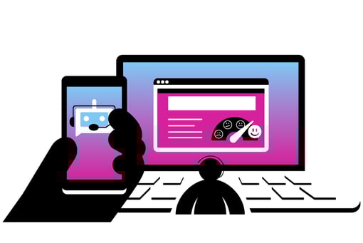 Websockets Image of bot on mobile device and call center agent viewing data on sentiment analysis