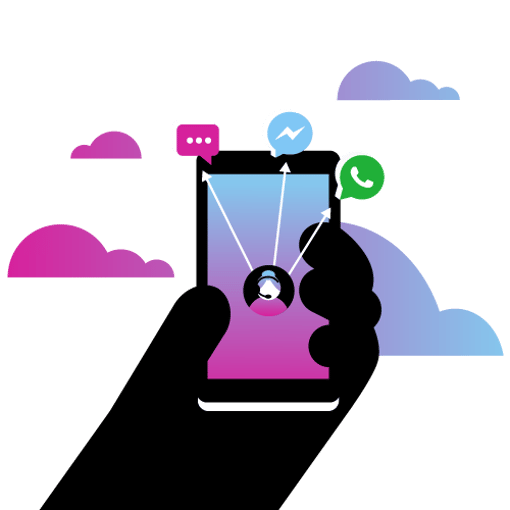 image of hand holding a mobile phone, with icons depicting phone, social media, and chat — this represents updates to the Vonage Messaging Suite