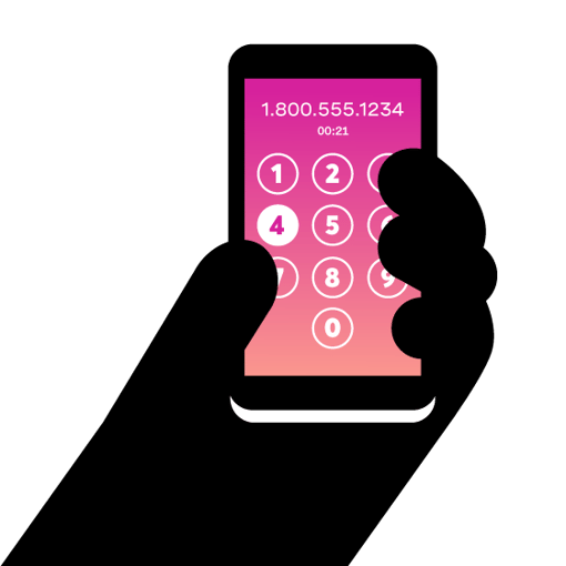 Illustration of a hand holding a cell phone, with the number being called visible on the screen.