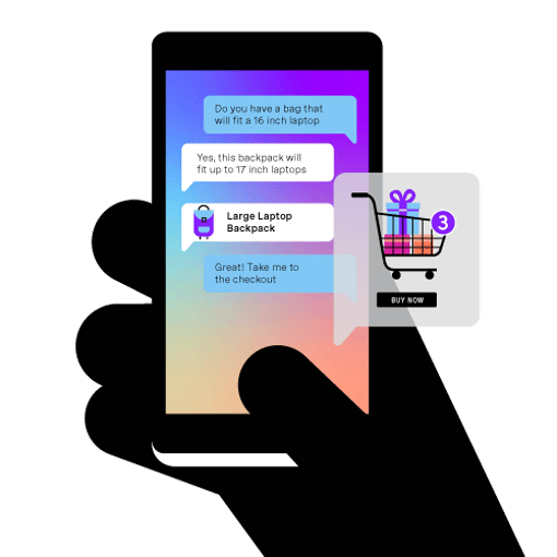 Two Way Conversations Thumbnail Image of a mobile phone with a chat about a retail purchase with a Buy Now button to the right
