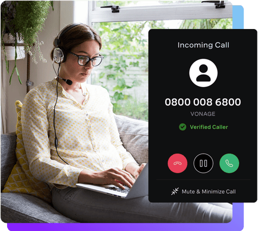 Woman taking call from Vonage Sales number Incoming call prompt screenshot with woman using laptop on couch with headset on