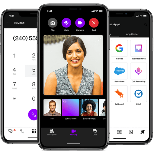 VBC Mobile Montage VBC Screenshot of Video call, phone call and app integrations on 3 cell phones