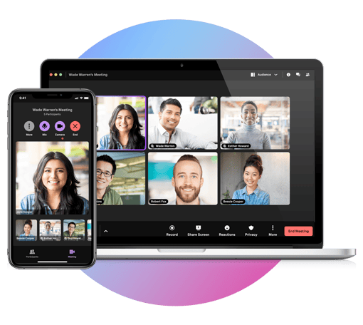 Multiple Participant meetings on desktop and mobile with VBC VBC Meetings screenshots on mobile and laptop screens set against a circular gradient