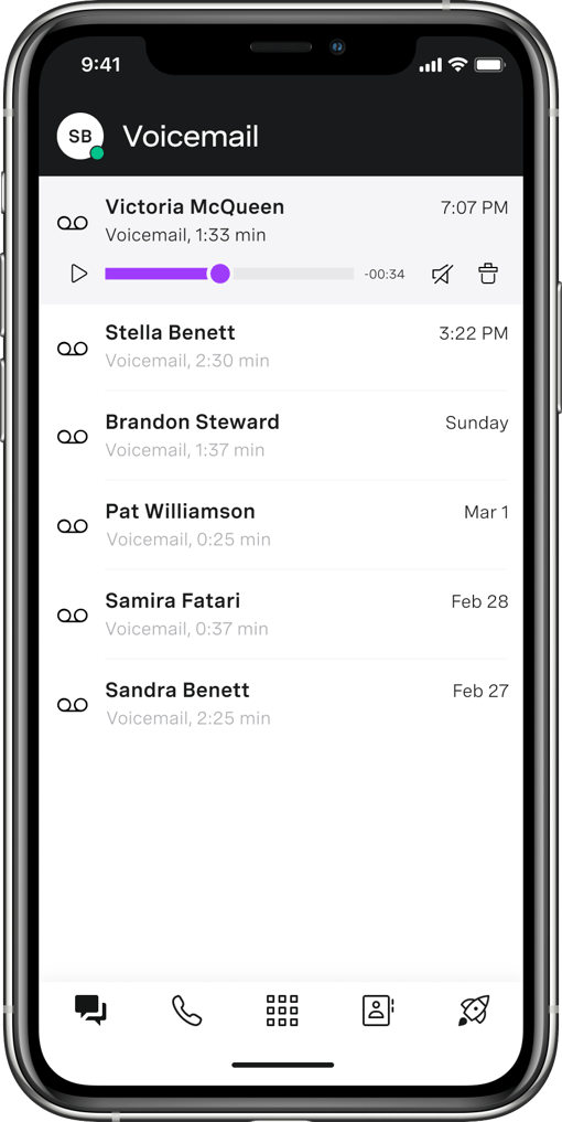 VBC Voicemail on Mobile screen Screenshot representing VBC voicemails playing on an iphone mobile device