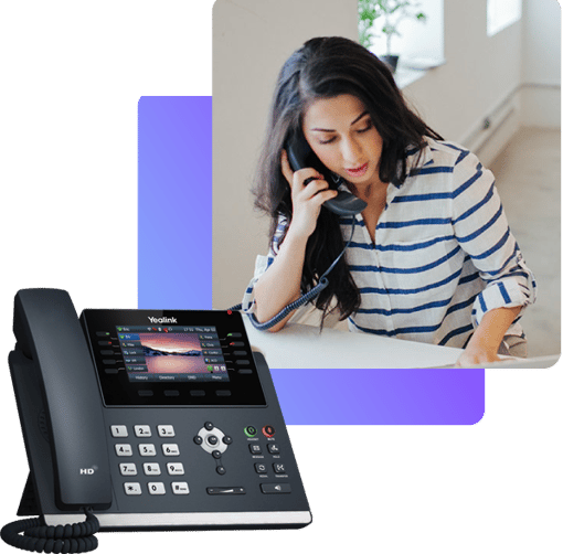 Communicate your way Woman speaking on her yealink phone to so many customers also a blue gradient box