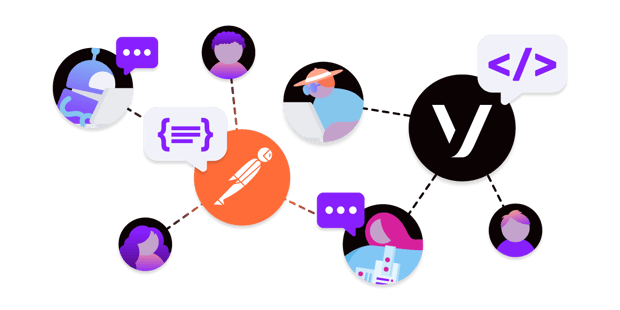 Image of Vonage logo in black and white, with code snippets and icons representing devlopers