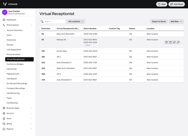 Virtual Receptionist Screen capture of Vonage Business app