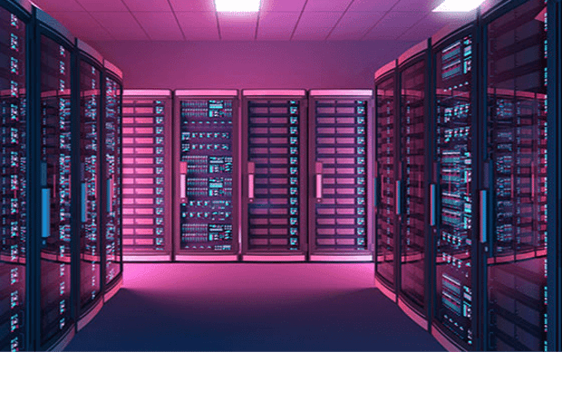 Image of a data center bathed in pink and purple light