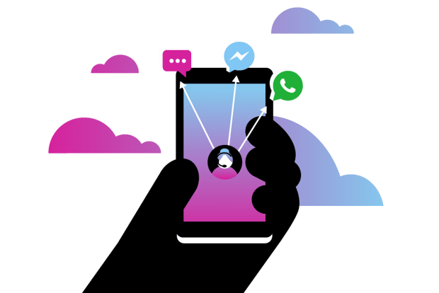 API Messaging Suite_Blog-840.png image of hand holding a mobile phone, with icons depicting phone, social media, and chat — this represents updates to the Vonage Messaging Suite