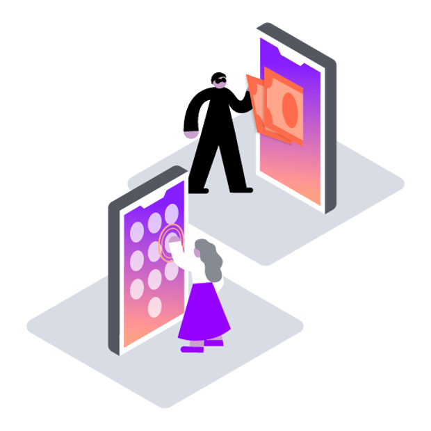 API SEO Telecom Fraud Blog Header Illustration of a woman typing a number into the keypad of a giant cell phone. In the background, a criminal dressed in black is removing paper money from the screen of another phone.