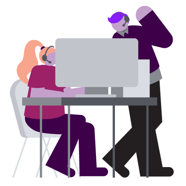 CC SEO Call Whispering Blog Header Illustration of a contact center, with one female agent seated working at her desk and a manager standing beside her desk, giving her feedback.