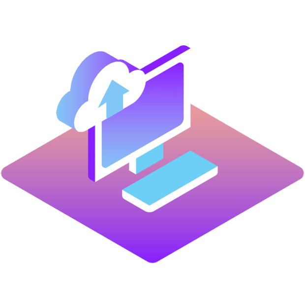 Benefits of Serverless Applications image Illustration of a desktop computer with a cloud icon located in the upper left corner of the screen with an arrow fixed atop the cloud; a rectangle in the shape of a keyboard is in front of the desktop computer