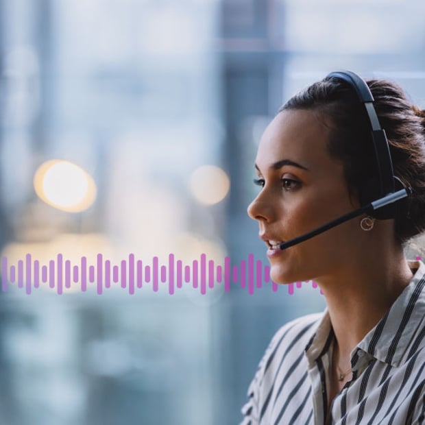 UC CC Call Center Metrics Header Photo of a call center agent talking to a customer on her headset. In the background are purple "sound waves" representing communications.