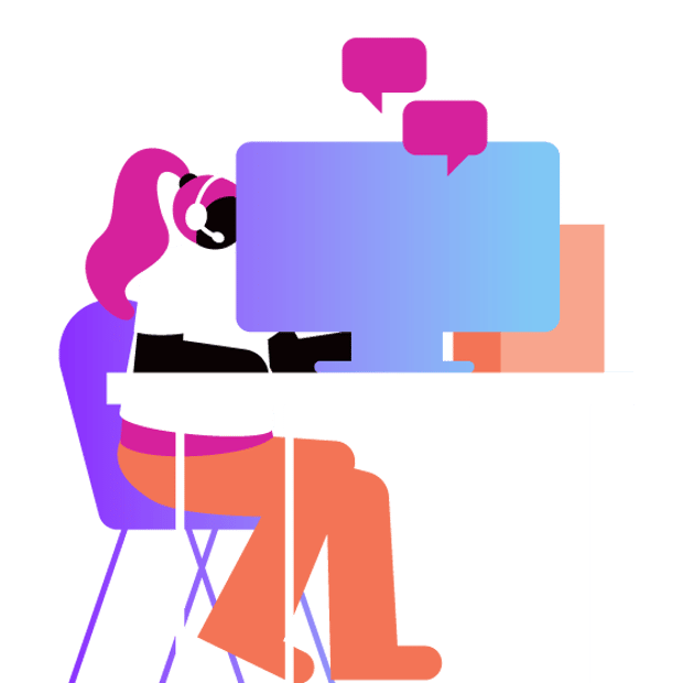 UC Call Center Outsourcing Blog Header Illustration of a female call center agent facing a computer monitor and wearing a phone headset. Floating above the monitor are voice bubbles indicating a conversation.