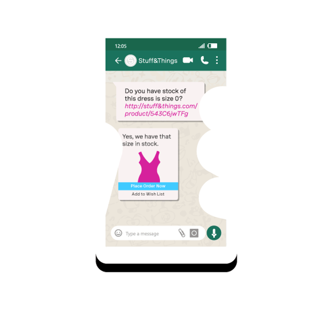 Conversational Commerce WhatsApp Illustration of a hand holding mobile phone showing a text conversation about a retail order.