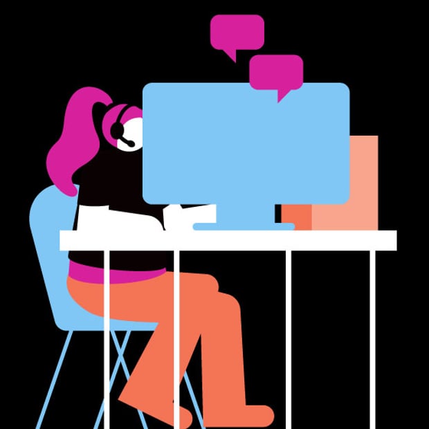 CC Outbound Calls Blog Header Illustration of a call center agent with a headset and sitting in front of a desktop computer. Speech bubble icons represent a conversation.