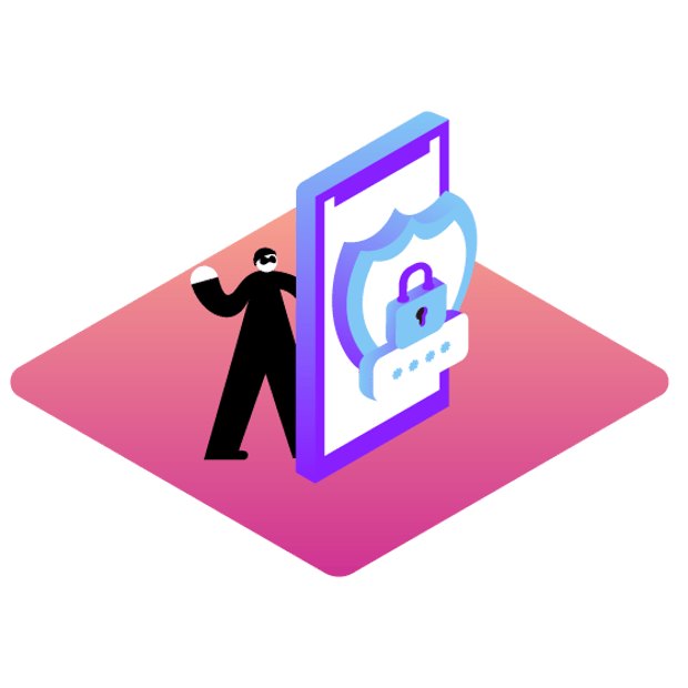 Fraud Protection Image of a person dressed in all black with a black beanie and sunglasses on indicating the individual is a fradulent actor; the figure stands in front of a giant mobile phone with a badge and a lock on it to indicate fraud protection