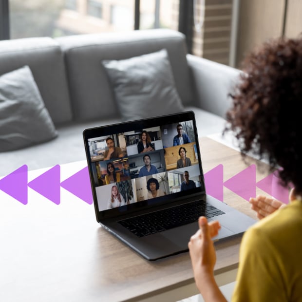 Woman on video call Photo illustration of a woman on a video call; she is facing away from the viewer and looking at a laptop that has a video conference on it showing 9 participants