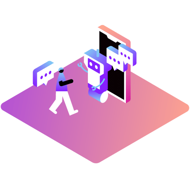Generative AI for Business image Illustration of a person walking towards a robot standing in front of a large, upright mobile phone with 2 chat bubbles displayed on the phone screen; to the left of the person is another floating chat bubble to indicate that the person and the chatbot are having a conversation