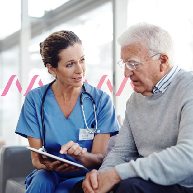 Improve patient experiences Photo-illustration of a brunette female doctor in blue scrubs seated with a stethoscope draped across her neck and a tablet in her hand, which is she showing to an elderly white-haired man who is her patient
