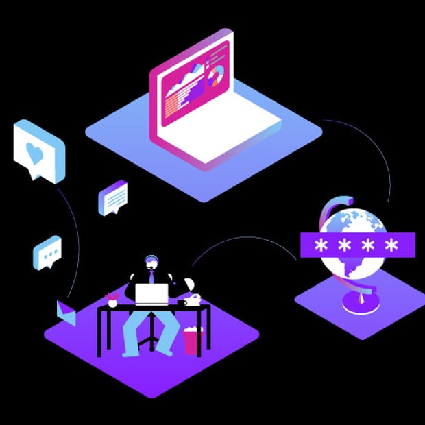 Illustration of a call center agent surrounded by icons representing various CRMs and communications channels