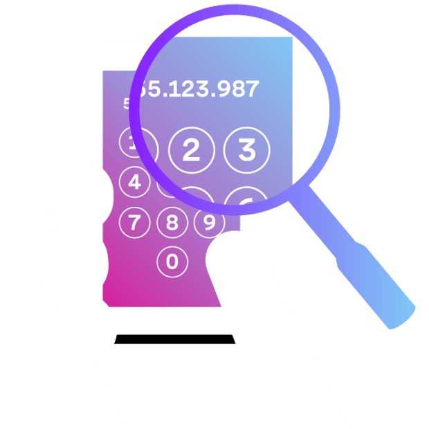 UC Business Phone Number Blog Header Illustration of a hand holding a cell phone. On the screen is the keypad and a phone number. A magnifying glass is magnifying a portion of the screen.