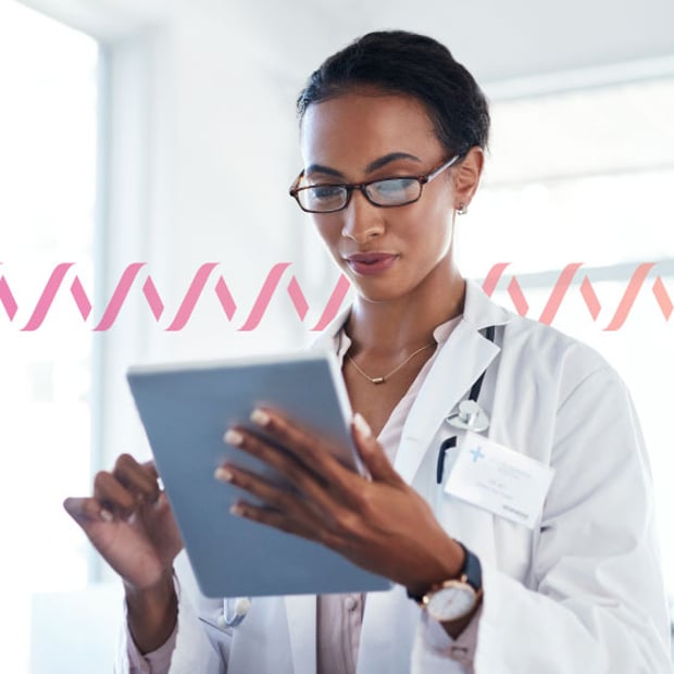 Physician Shortages Blog Photoillustration of a female doctor reviewing a tablet