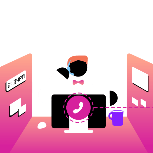 UC SEO Automatic Call Distribution Article Header Illustration of a call center agent at work in front of a computer, talking into a headset to a customer. In the foreground is a telephone icon, with an arrow showing the call being transferred to another agent.