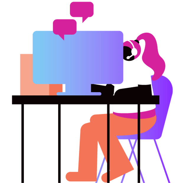 UC SEO Call Center Workforce Management Article Header Illustration of a call center agent hard at work talking to customers on the phone and typing notes into a computer. Floating above the monitor are text bubbles representing valuable customer conversations.