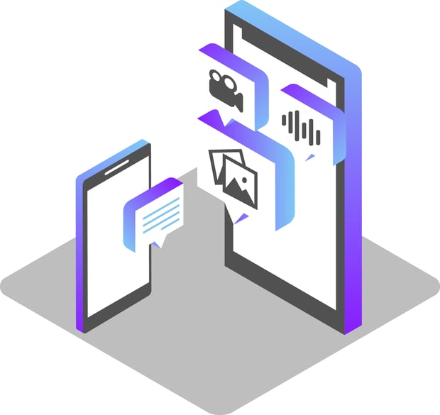 Illustration of two cell phones. One is smaller and has a text icon floating in front of it. The other is larger and has icons representing multimedia — video, images, voice, etc.