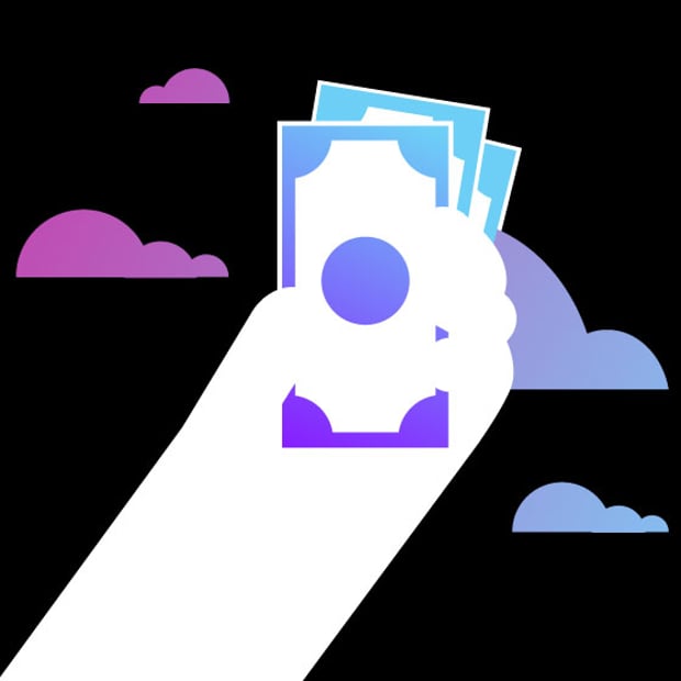 UC Call Center Cost Article Header Illustration of a hand holding some money. In the background are clouds.