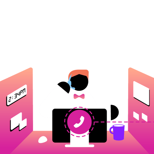 UC Call Routing SEO Blog Header Illustration of a call center agent sitting behind a computer monitor in an office cubicle. On the walls of the cubicle are a clock and various notes. A phone icon floats in the foreground, with a line running from the computer to out of frame to show a routed call.
